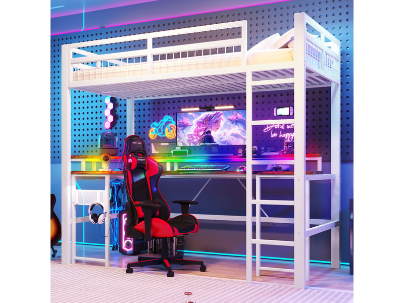  Lit mezzanine 90 x 200 cm sans matelas, structure métal, bureau, led, usb et type-c, prises, panneau perforé, blanc  - Conforama E