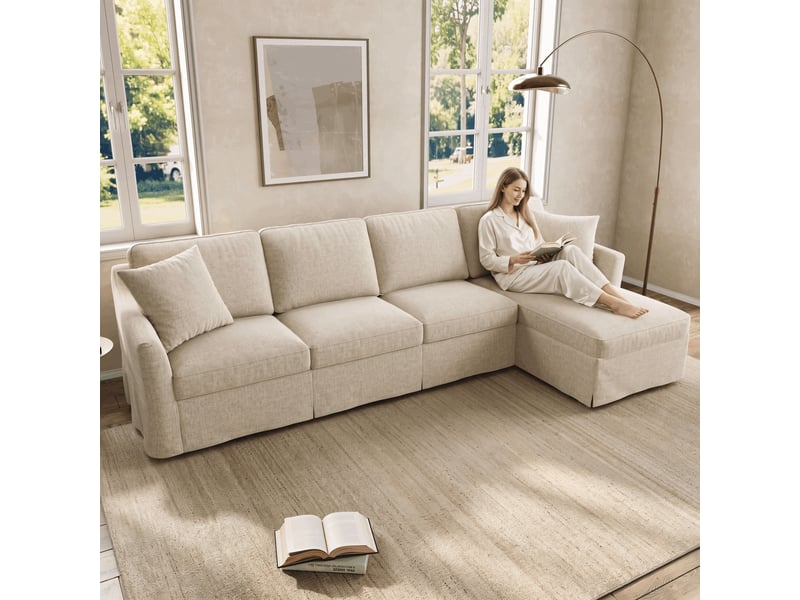  Canapé d’angle en l 4 places 274x128,5x83 cm avec coffre méridienne, housses amovibles lavables, tissu effet lin - lin-beige  - Conforama B