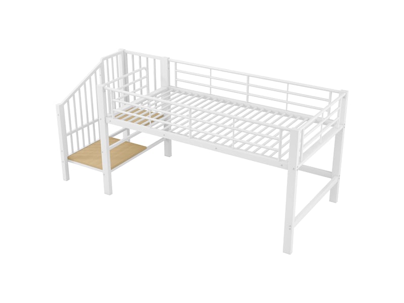  Lit superposé mi haut 90x200 cm blanc mdf métal avec escalier de rangement et sommier à lattes Sol Morn - Conforama A
