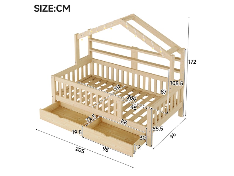  Lit cabane enfant 90x200 cm, lit au sol, tiroirs de rangement, barrière de sécurité, éclairage led, support à lattes stable, pin naturel CozyNest - Conforama C