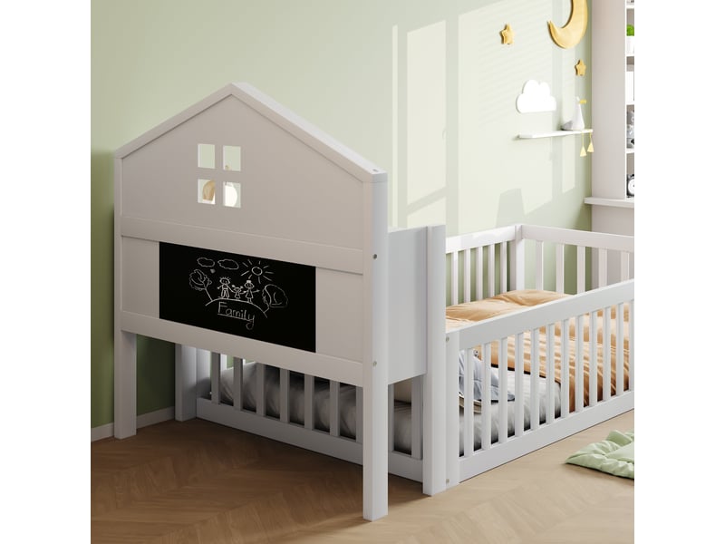 Lit enfant 90x200 cm en bois massif avec rangements, tableau noir et barrière de sécurité - Conforama R