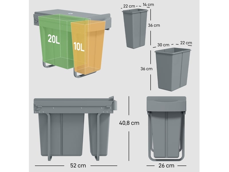 Poubelle de cuisine encastrable 30 l 52x26x40,8 cm – grise – 2 bacs amovibles, coulissement silencieux - Conforama C