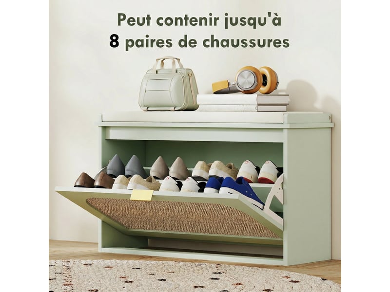  Banc à chaussures, banc de rangement, assise rembourrée, tiroir rabattable, porte en rotin, vert, 80 x 26 x 47,5 cm  - Conforama R