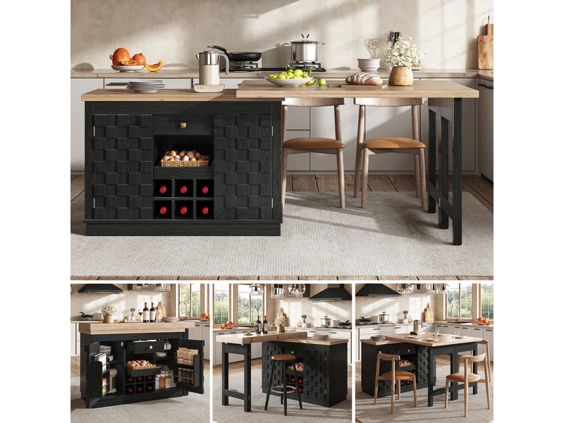  Îlot de cuisine 120x40x74,2 cm - meuble de rangement 2 portes et 2 tiroirs, plateau pivotant et porte-bouteilles - noir  - Conforama D