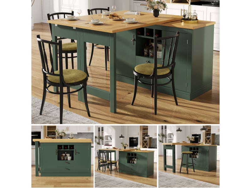  Table haute extensible 360° avec rangements — 120–180 cm, vert foncé, bureau debout design, salon et salle à manger  - Conforama B