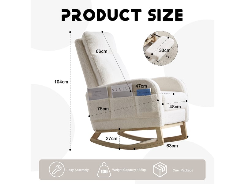  Rocking-chair à dossier haut avec bascule douce, poche latérale et base incurvée en bois, en tissu bouclette blanc  - Conforama C
