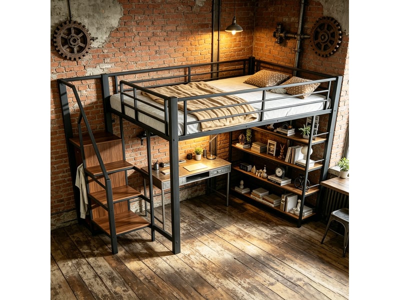  Lit mezzanine 140x200 cm avec escalier de rangement et garde-corps noir  - Conforama E