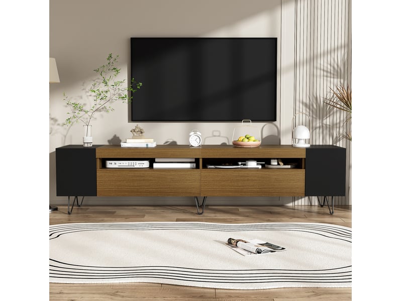  Meuble tv 180 cm noir et décor bois, 2 portes, niches ouvertes et passe-câbles  - Conforama D