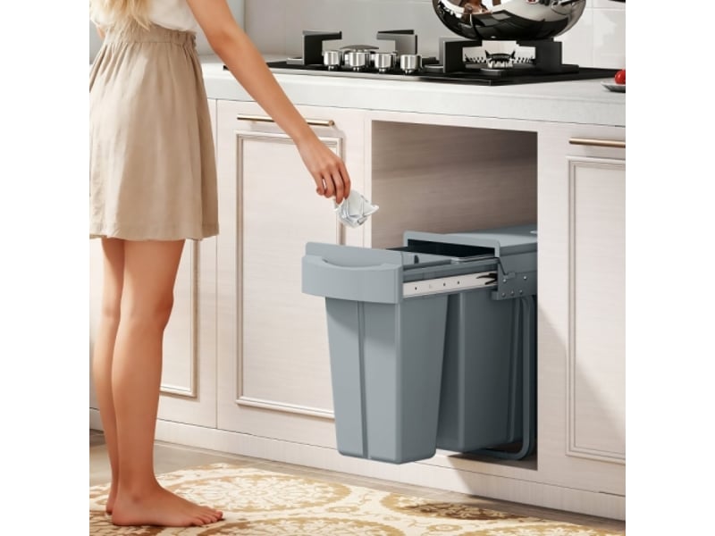  Poubelle coulissante 30 l (20+10 l), 2 bacs amovibles, poignée, métal, grise  - Conforama E