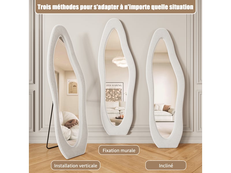  Miroir plein pied ondulé 160x50 cm, cadre en flanelle blanche, miroir au sol élégant pour chambre et dressing  - Conforama E