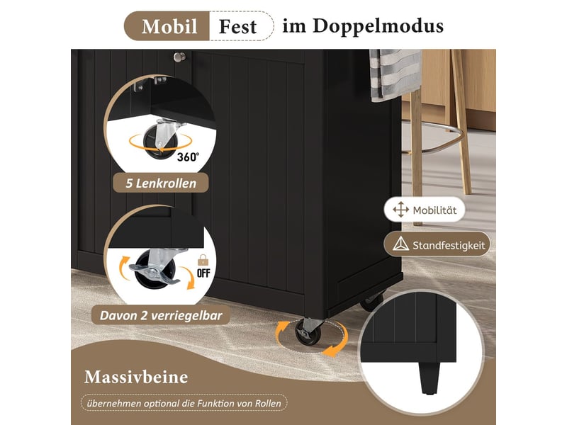  Îlot de cuisine tiroirs multifonctions meuble de cuisine espace repas extensible sur roulettes modèle mobile finition noire  - Conforama E