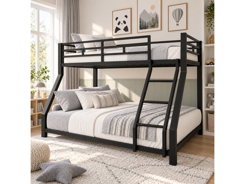 Lit superposé enfant 90140 × 200 cm en métal avec échelle et barrières de sécurité, conforme en 747, sans matelas, noir  - Conforama E