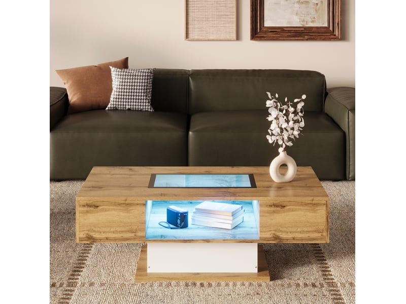  Table basse 110.2x60x39.7 cm led réglable par application panneau de particules blanc, couleur bois et noir  - Conforama E