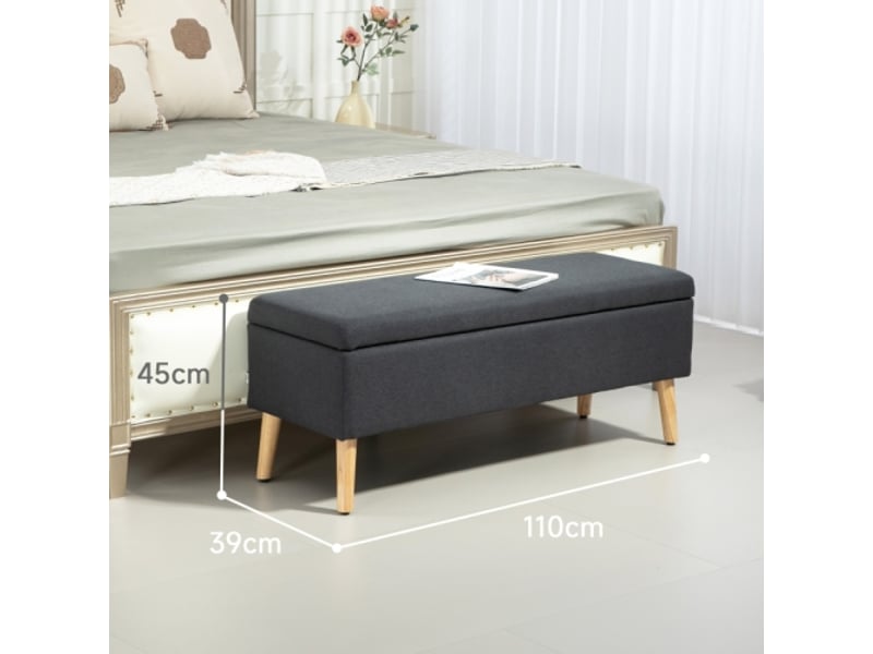  Banc de rangement gris foncé 110x39x45 cm, aspect lin, bois d’hévéa, rembourré  - Conforama C