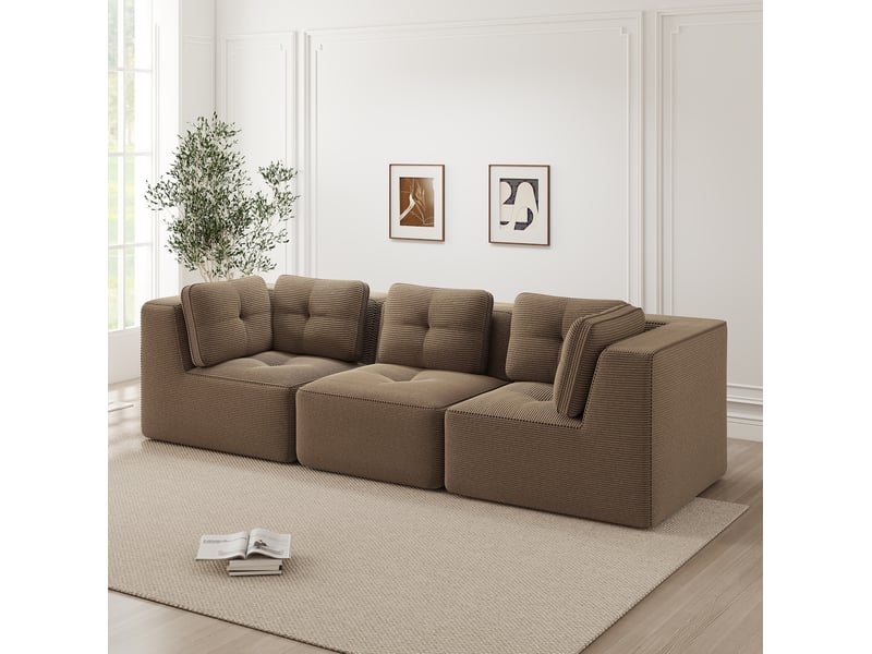  Canapé d'angle modulable 3 places en velours côtelé marron 297 cm, assise profonde, sans montage pour salon  - Conforama B