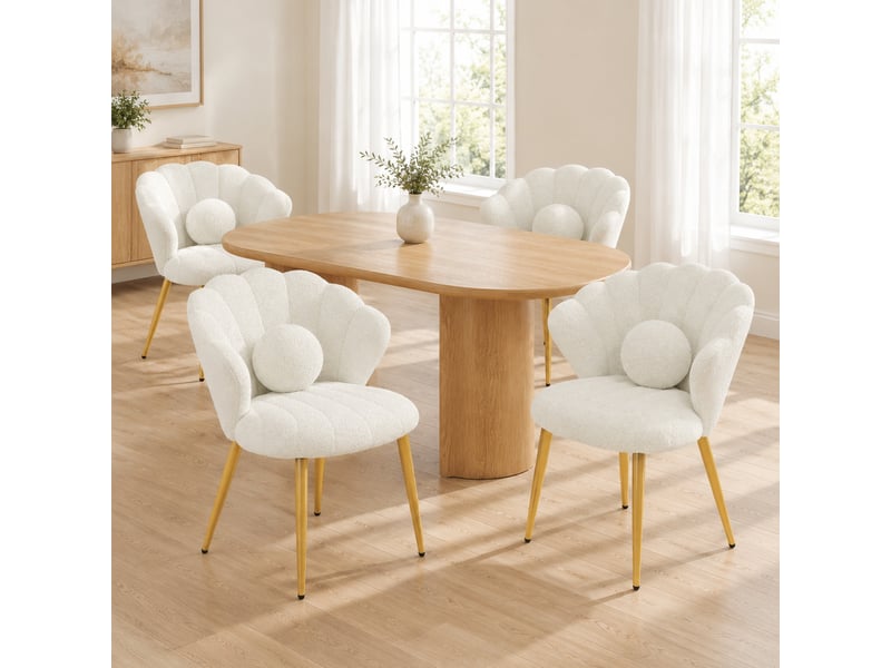 Lot de 4 chaises de salle à manger dossier coquillage en tissu teddy blanc, pieds dorés - Conforama C