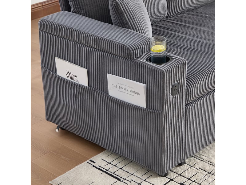  Méridienne canapé 3 places avec coffre de rangement et usb-c, velours côtelé gris anthracite  - Conforama W