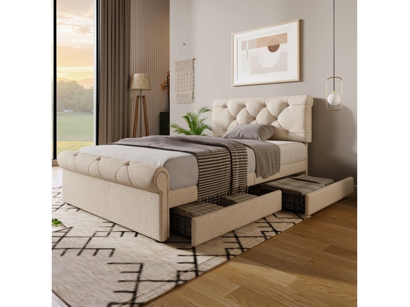  Modenvie lit simple 90x200 cm - 2 tiroirs, tete de lit reglable, sans matelas - naturel  - Conforama D