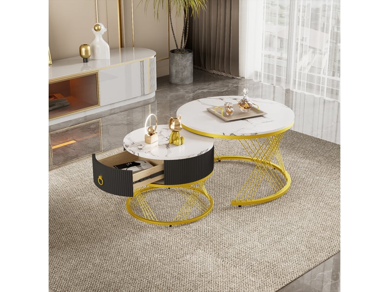  Tables basses gigognes effet marbre avec 1 tiroir et pieds réglables, pour salon, mdf, blanc et doré  - Conforama B