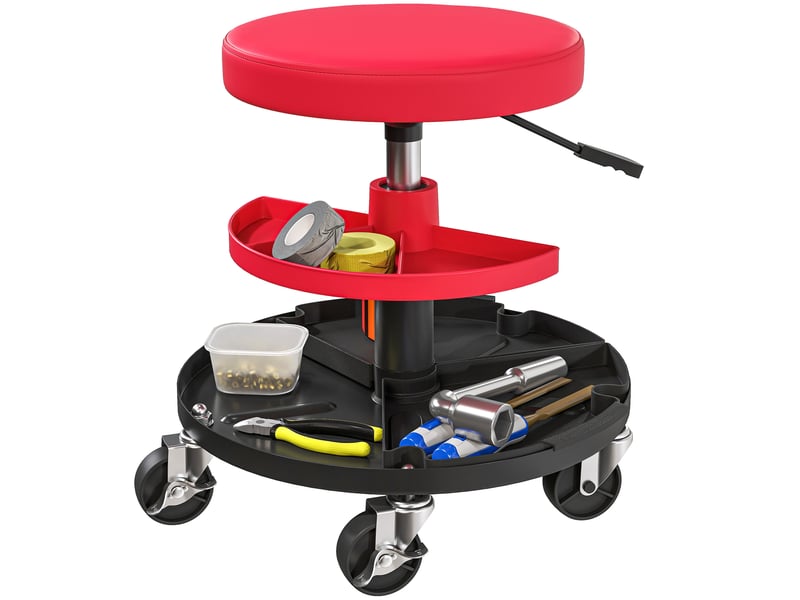 Tabouret d'atelier rouge avec roulettes et plateaux réglables en hauteur de 40 à 51 cm supportant jusqu'à 135 kg - Conforama A