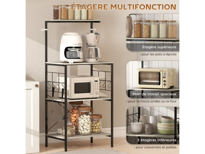  Étagère de cuisine, support pour micro-ondes, avec panneau grillagé, 8 crochets, chêne, 60 x 42 x 134,5 cm  - Conforama A