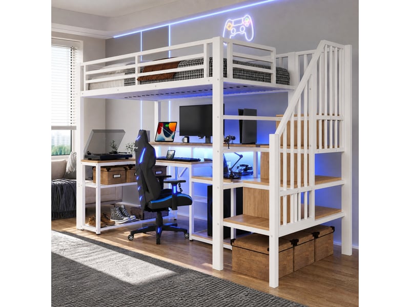 Lit mezzanine 200×90 cm avec bureau, rangements, led et ports usb, sans matelas, en métal et mdf blanc - Conforama B