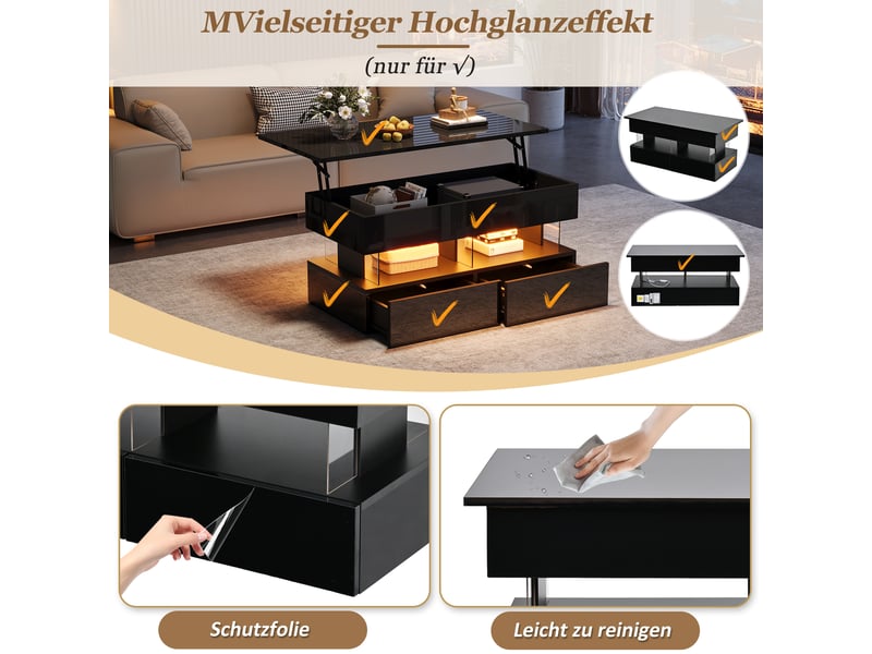  Table basse coloris noir 100 × 50 × 46 cm, en mdf et acrylique, avec 2 tiroirs, éclairage led et rangement ouvert  - Conforama E