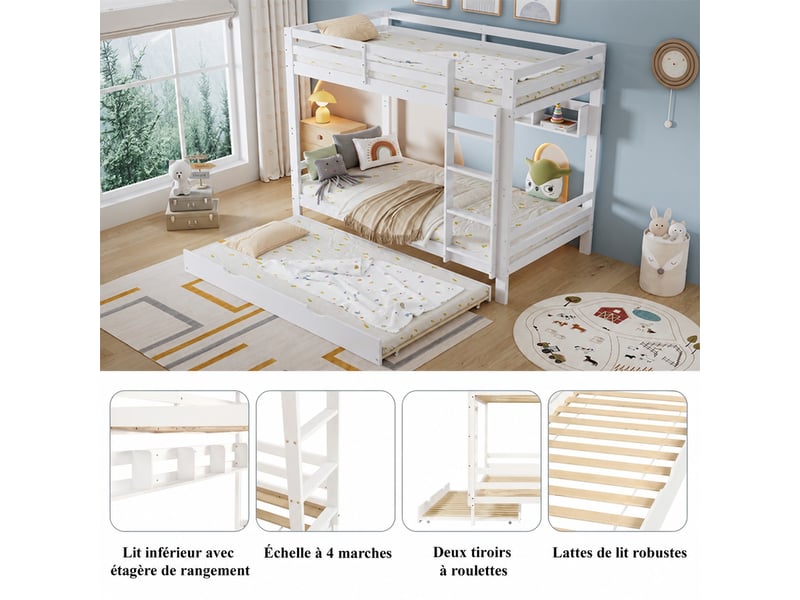  Lit superposé enfant 90x200cm + lit gigogne 90x190cm - lit enfant avec étagère de rangement - en pin massif - blanc  - Conforama D