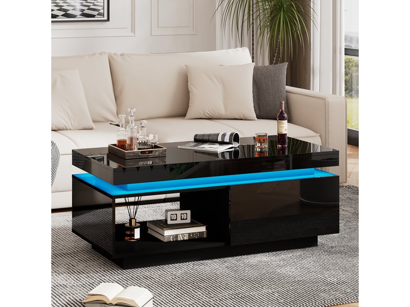 Table basse noire brillante avec éclairage led, 100x50x40,3 cm, table de salon moderne avec tiroir de rangement, charge 50 kg  - Conforama C
