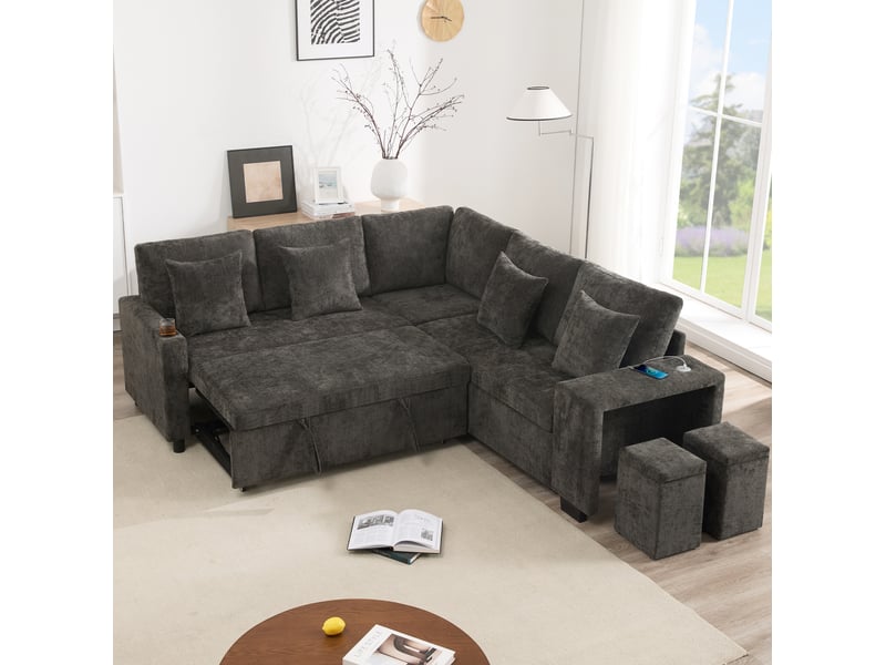Canapé d'angle convertible modenvie 5 places 220 x 205 cm avec rangement usb usb-c chenille gris - Conforama B