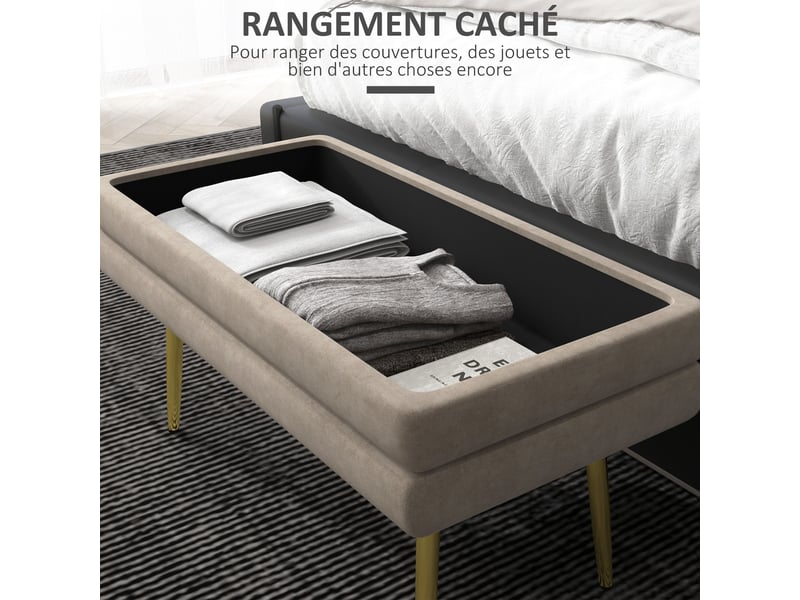  Banc banquette coffre de rangement 2 en 1 assise aspect velours et pieds acier - beige et doré 79,5l x 37,5p x 43h cm  - Conforama E