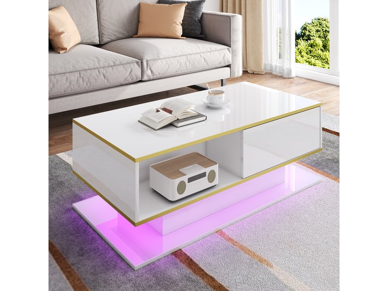 Table basse 100x50x40 cm avec éclairage led usb, 3 tiroirs et niche ouverte, panneaux de particules, blanc et doré ABC - Conforama B