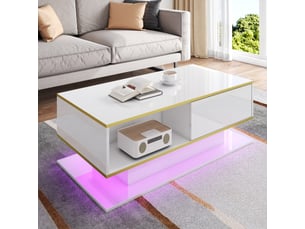 Table basse 100x50x40 cm avec éclairage led usb, 3 tiroirs et niche ouverte, panneaux de particules, blanc et doré
