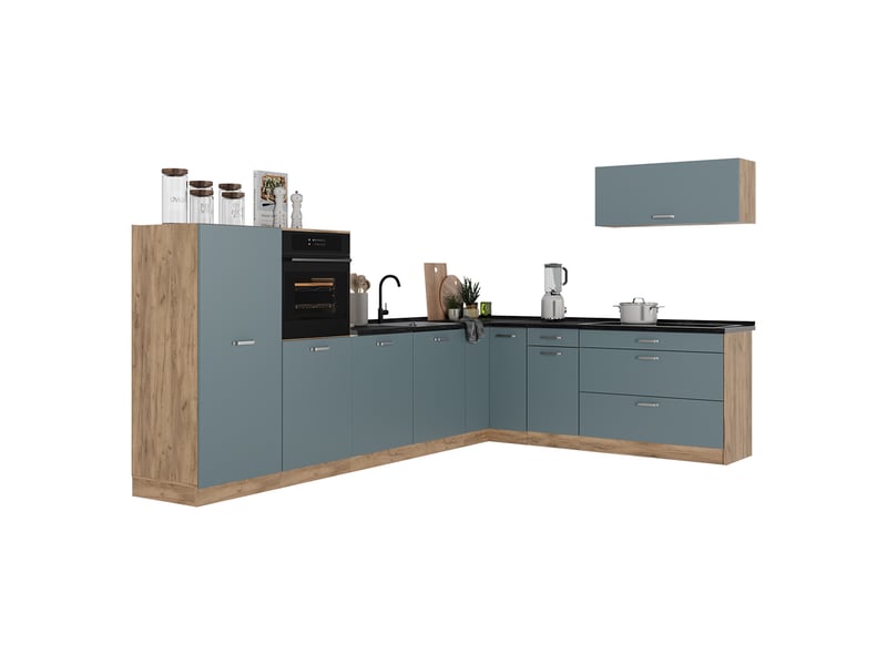  Vicco cuisine en angle, bleu-grischêne doré, 327 x cm plan de travail chêne doré  - Conforama E