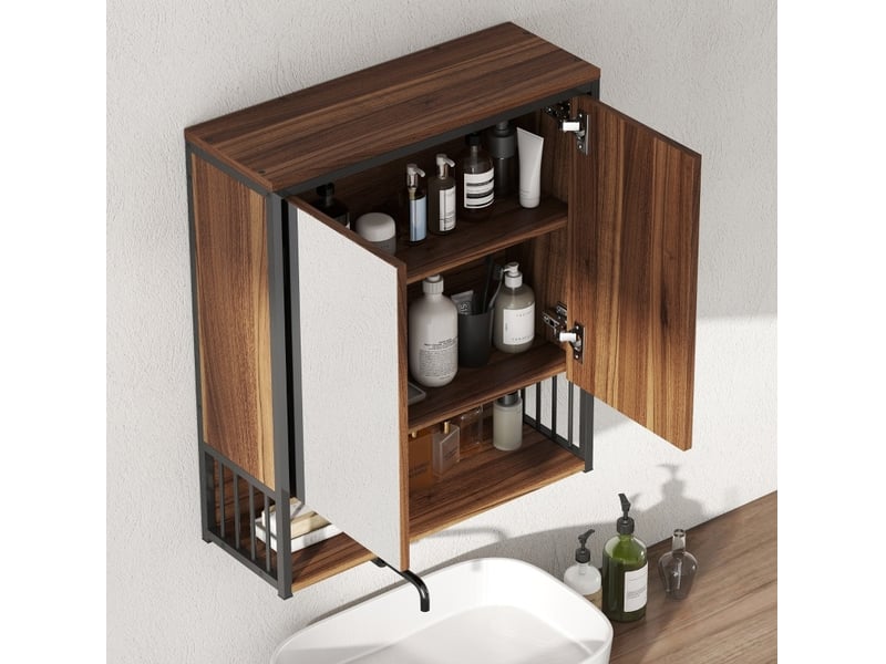  Armoire de salle de bains murale 56x20x65 cm marron, mdf et panneau de particules, avec miroir  - Conforama D