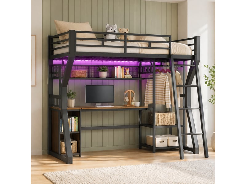  Lit mezzanine 90x200 cm avec éclairage et bureau en métal et mdf noir  - Conforama B