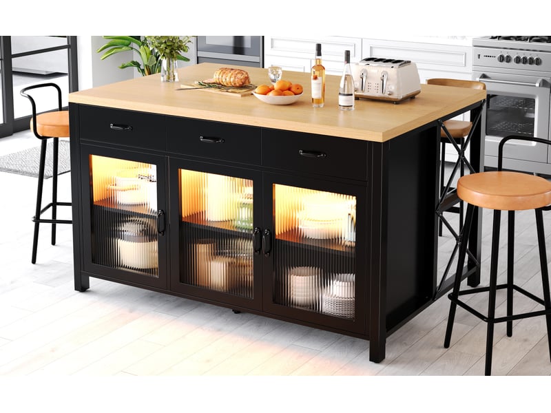 Îlot de cuisine rayofi 150 x 80 x 90 cm - 3 tiroirs, 3 portes vitrées, design industriel, led intégré, pieds réglables, noir N620P19312829S - Conforama W
