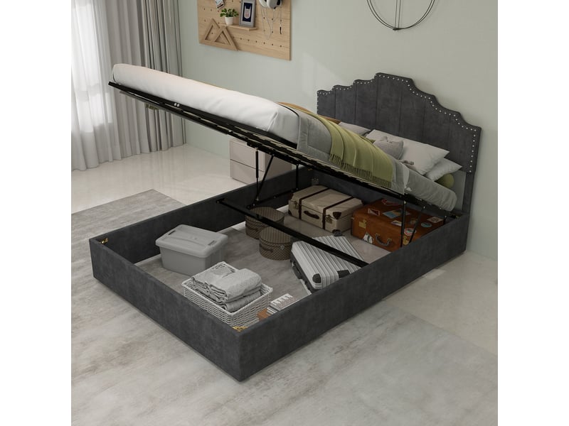 Lit 140x200 cm gris moderne tête moelleuse coffre à gaz sans matelas  - Conforama D