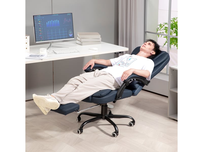  Fauteuil de bureau massant, 7 points de vibration, repose-pieds et dossier réglables, supporte jusqu'à 120 kg, aspect cuir, bleu  - Conforama B