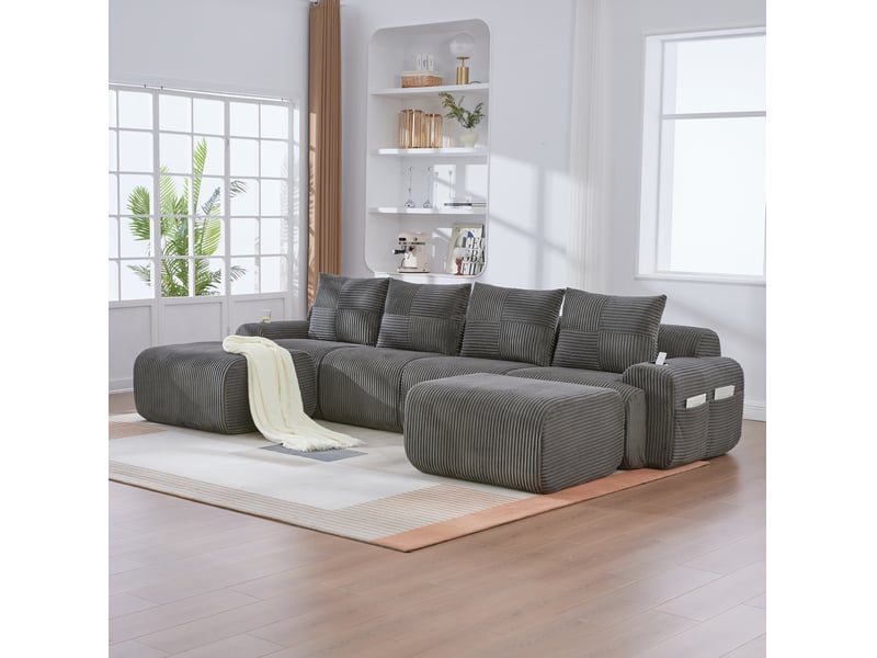  Canapé modulable 4 places 333x174x80 cm, configurable, porte-gobelet intégré, poche latérale, velours côtelé gris foncé  - Conforama W