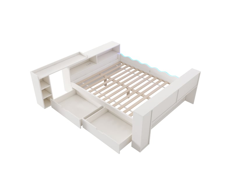 Lit 140x190 cm avec 2 tiroirs, led et station de charge blanc - Conforama E
