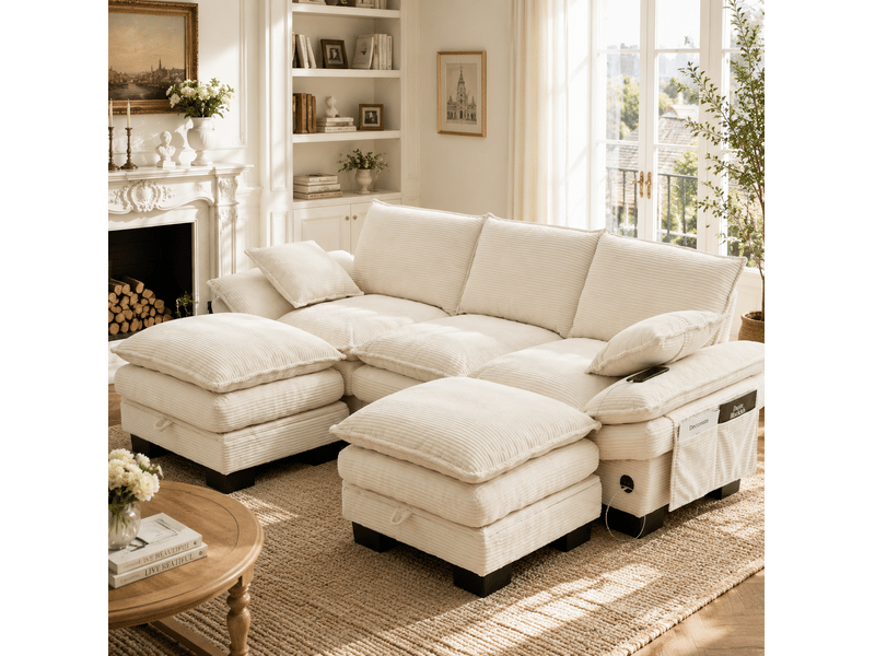 Canapé modulable 3 places 260x132x84 cm avec 2 poufs velours côtelé beige  - Conforama B