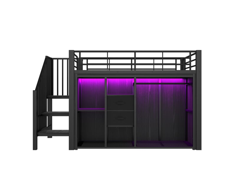  Lit mezzanine 90x200cm 2 tiroirs penderie ouverte led multicolore via appli rangements optimisés métal noir sans matelas  - Conforama A
