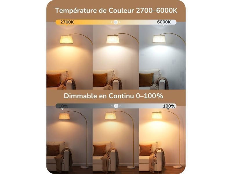  Lampadaire arc reglable or, abat-jour tissu beige, hauteur et tete ajustables, led e27 dimmable, commande a distance et pedal 370618_AACKG66304_6_DROPFR - Conforama D