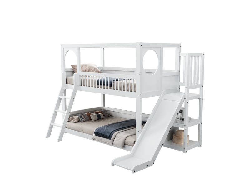  Lit superposé enfant avec étagères et toboggan blanc 90 x 200 cm  - Conforama A