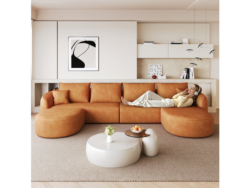  Canapé panoramique en u tcqpz 5 places 336 x 168 x 85 cm modulable en tissu chenille orange  - Conforama D