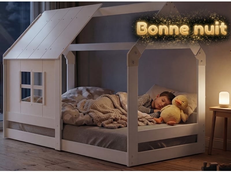 Lit cabane enfant montessori en bois massif blanc avec toit et fenêtre, 80x160 cm – sommier à lattes inclus - Conforama D