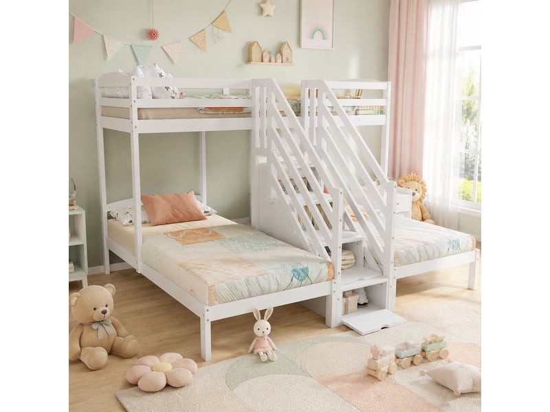  Lit mezzanine enfant 3 couchages 90 x 200 cm en bois et mdf blanc avec escalier à tiroirs  - Conforama C