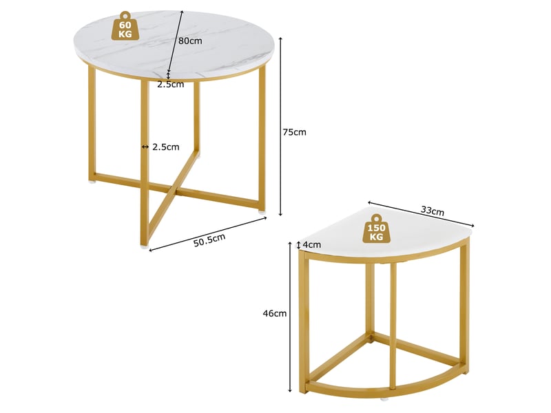  Ensemble table à manger et 4 chaises, table ronde blanche en mdf 80 cm, sièges en velours et structure métallique dorée  - Conforama D