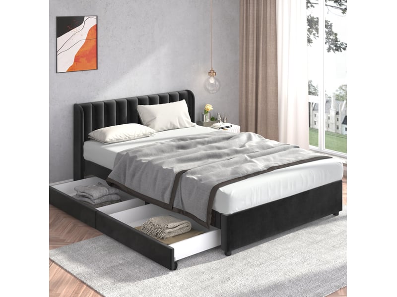  Lit 140 x 200 cm en velours noir avec sommier à lattes, tête de lit et 2 tiroirs  - Conforama B
